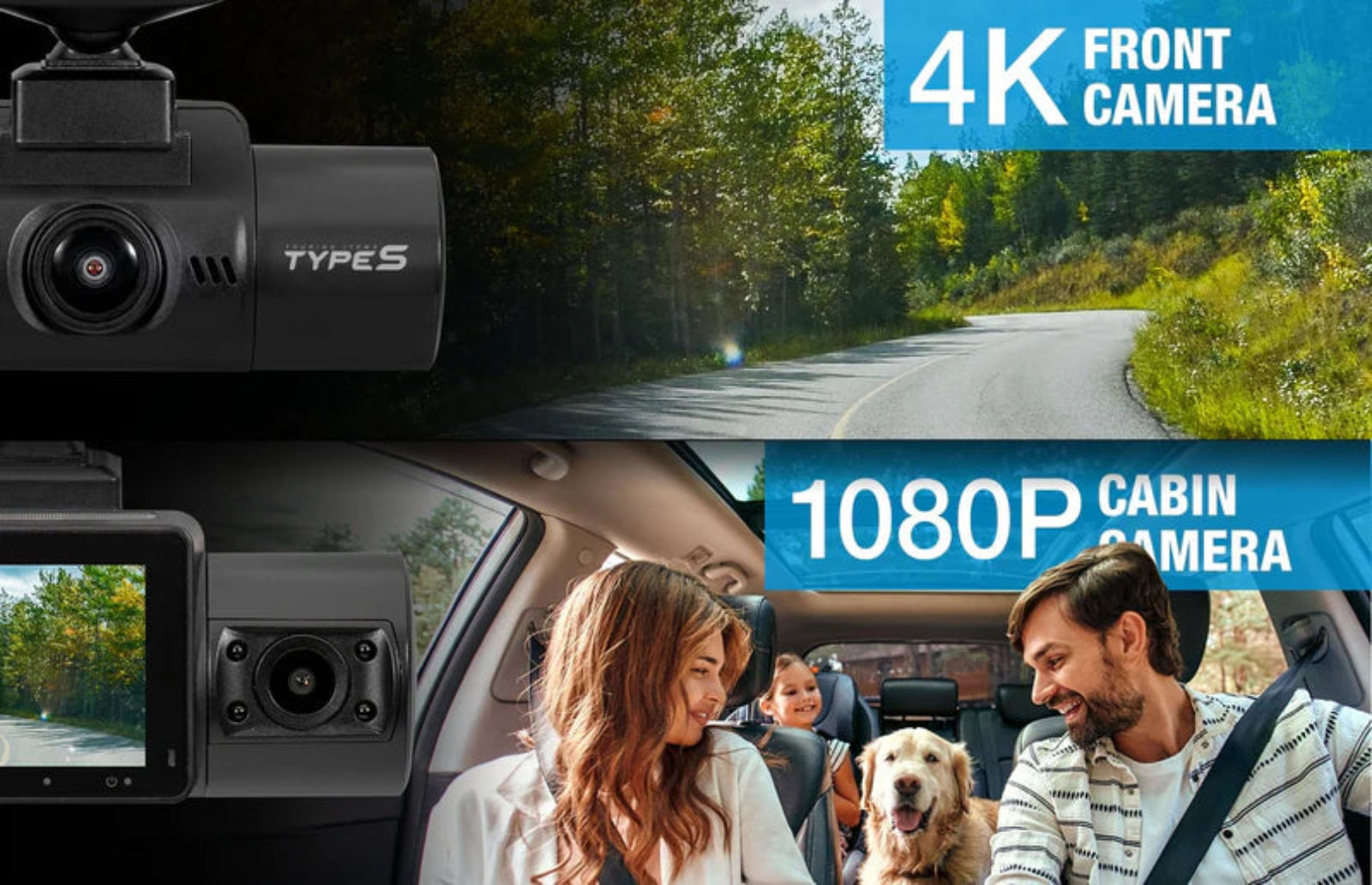 Type S Dual view Dash Cam 4k front View 1080p Inside view
