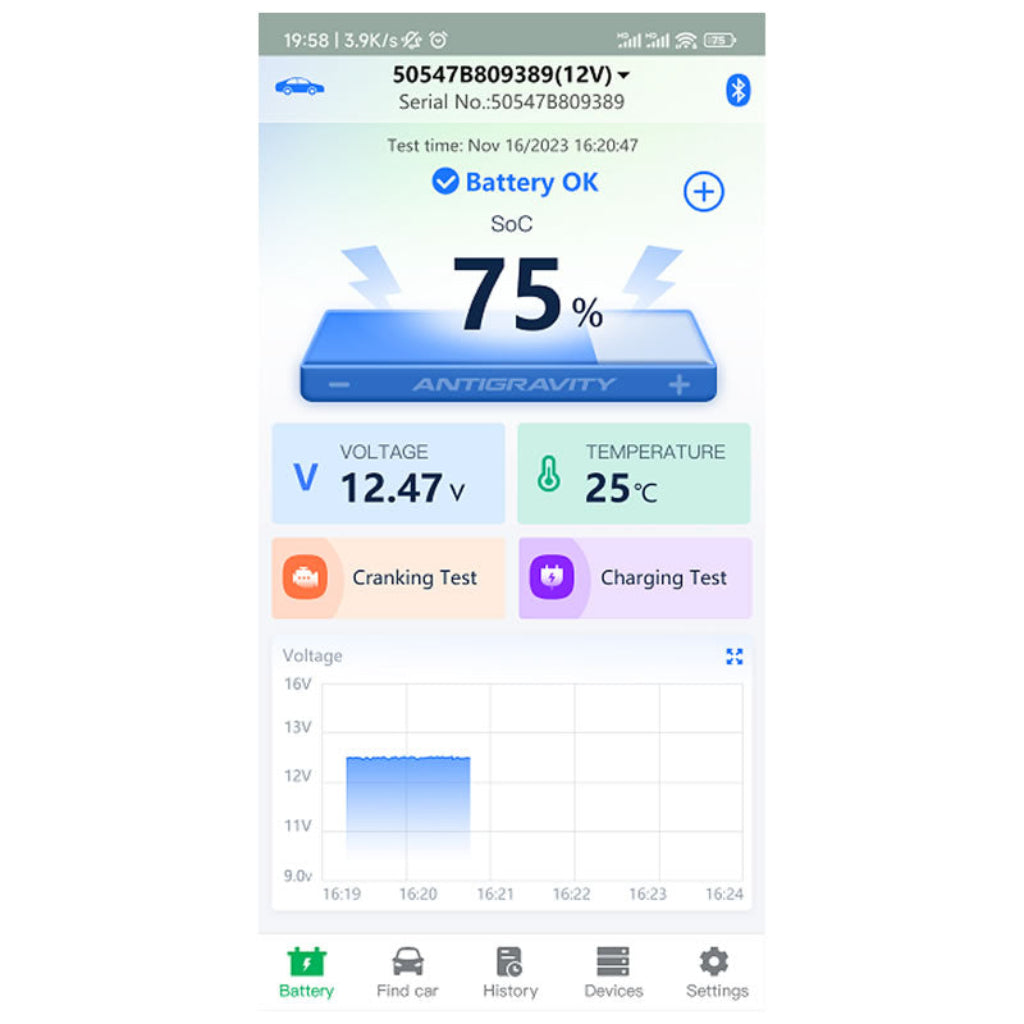 AntiGravity Battery Tracker Pluse APP Screen