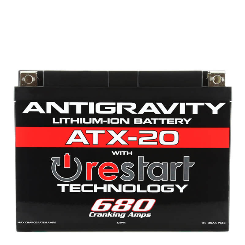 Antigravity lithium-ion battery with restart technology on a white background