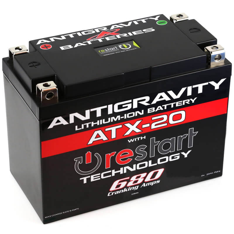 Antigravity lithium-ion battery with restart technology on a white background