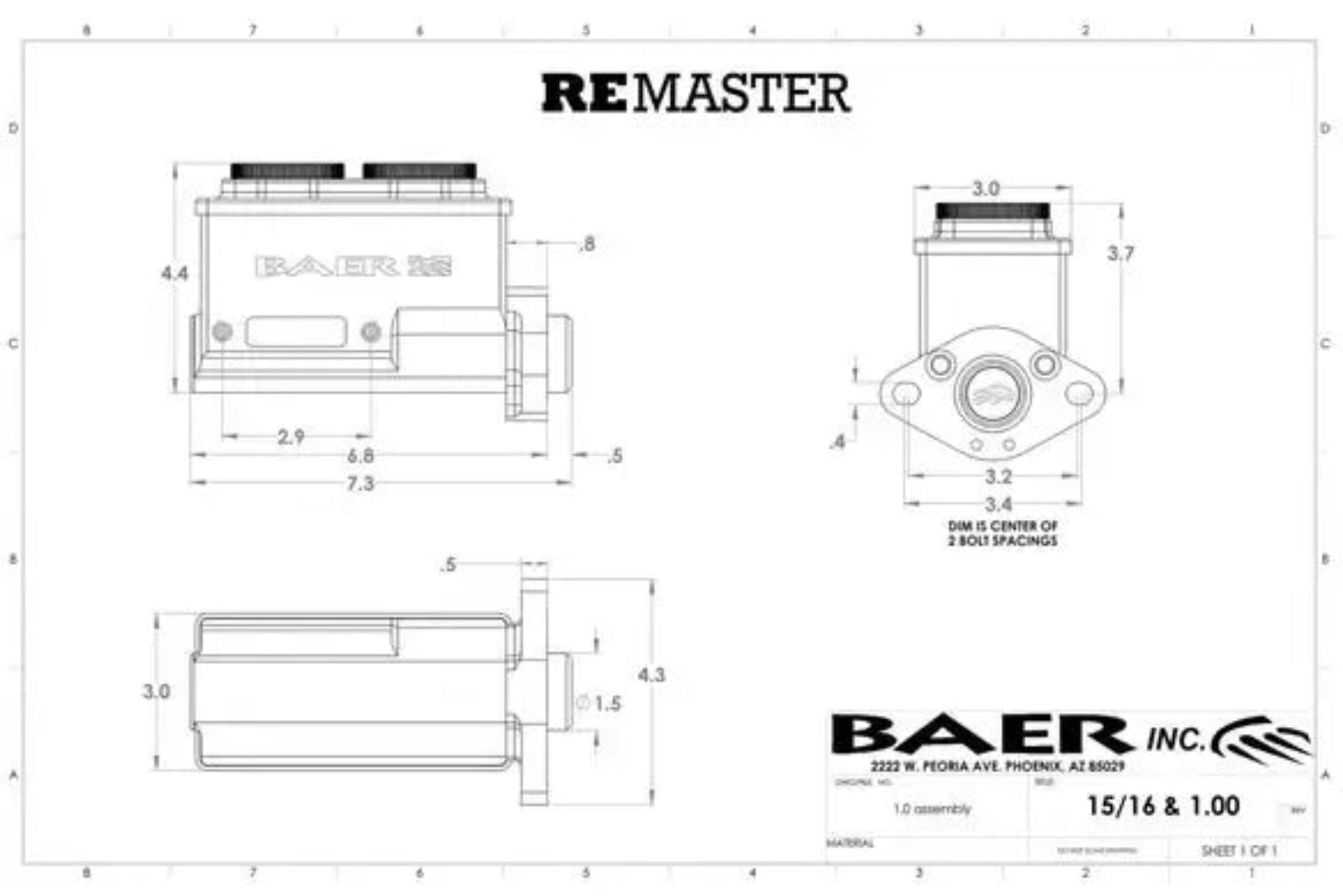 Baer Brakes ReMaster Master Cylinder Dimensions