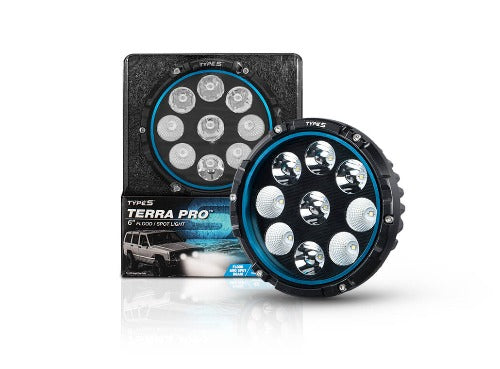 Terra Pro 6 inch round offroad light, black with Blue ring detail